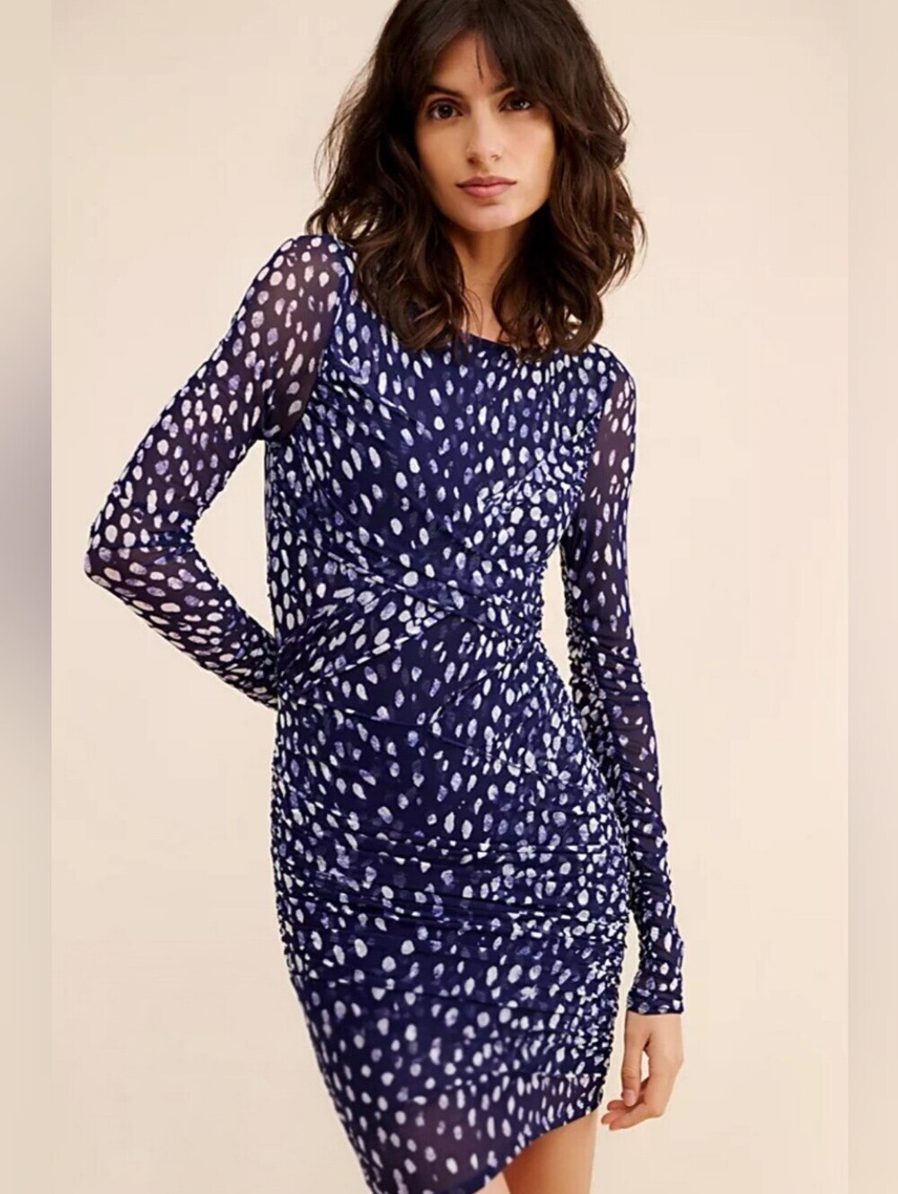 Free People Katana Mini Dress Dark Blue Mesh Long Sleeve Ruched Bodycon